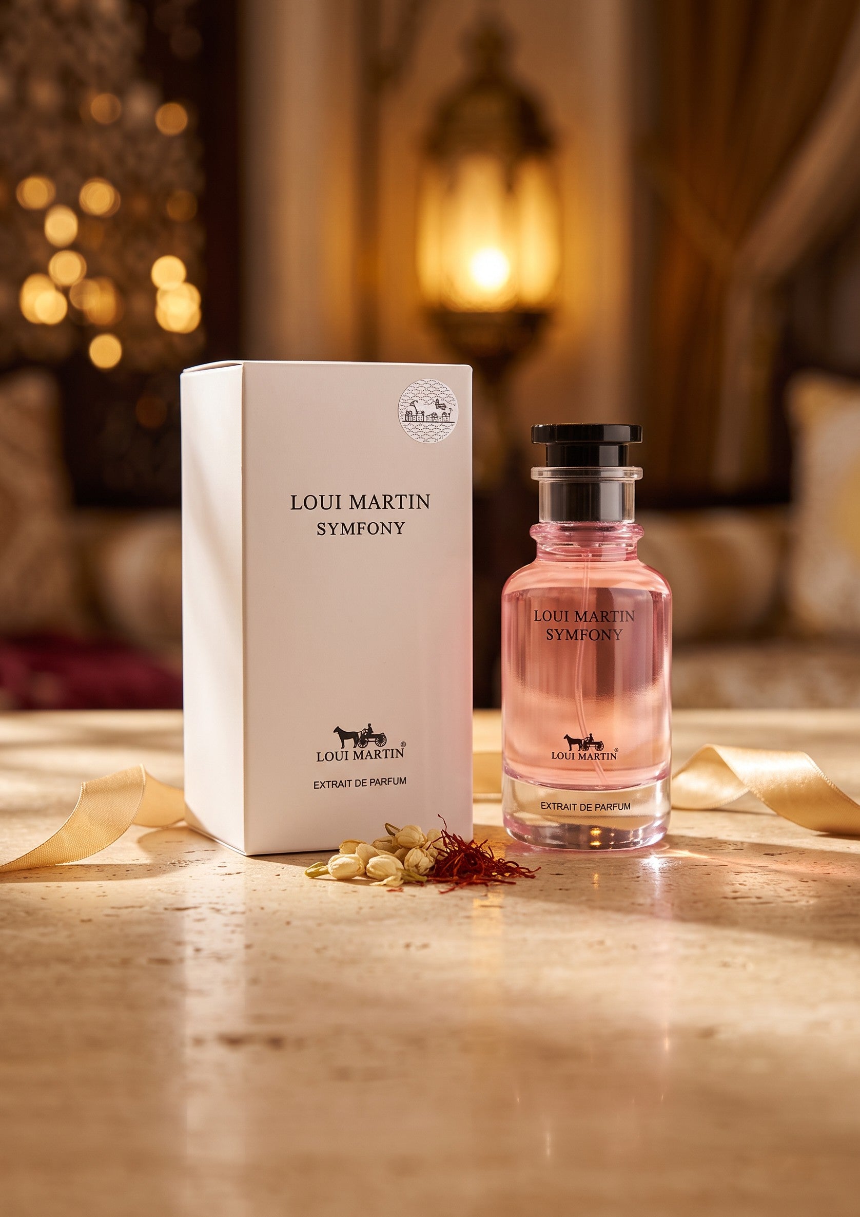 Flacon de parfum rose Loui Martin Symfony 100ml avec boîte blanche, fleurs de jasmin et safran sur table en pierre