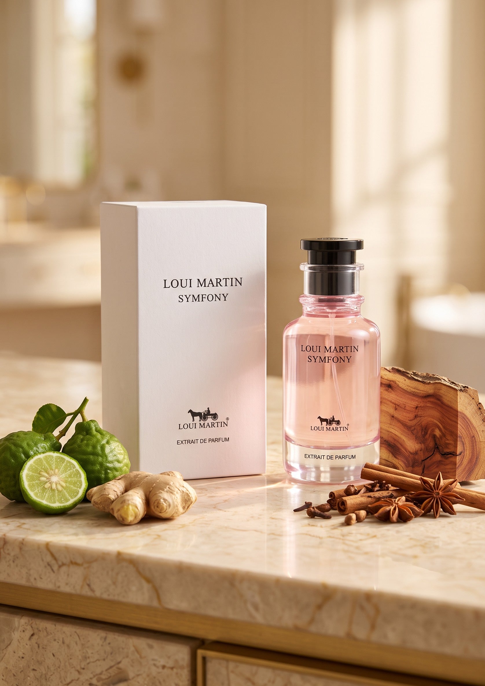 Flacon de parfum PDS SHOP Loui Martin Symfony avec boîte blanche, agrumes, gingembre et épices sur table en marbre