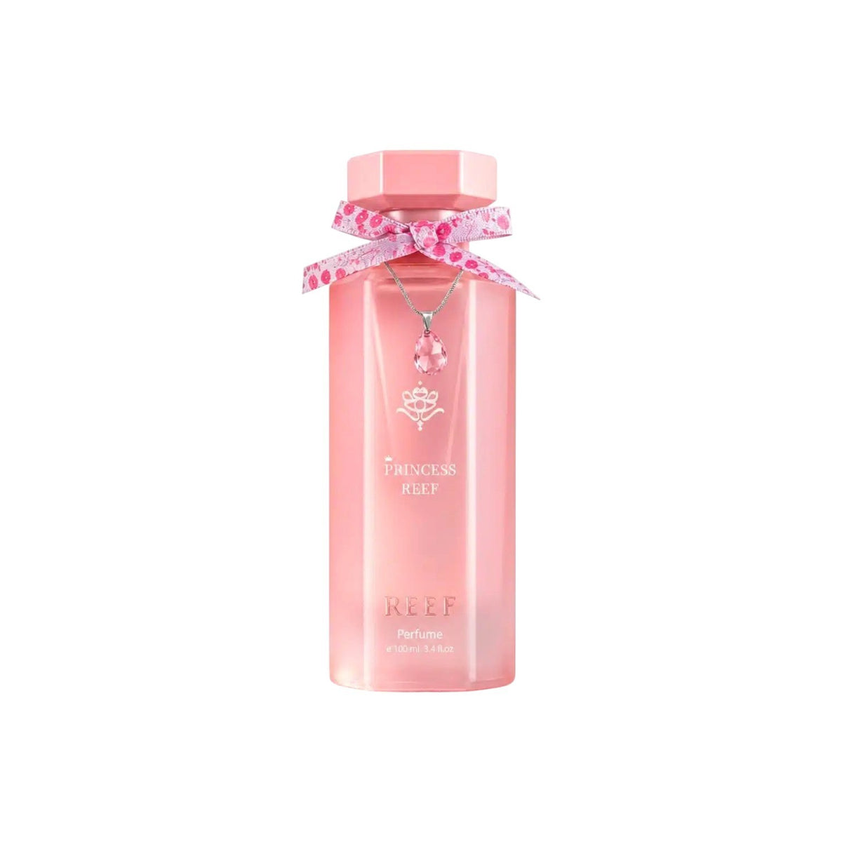 Flacon de parfum PDS SHOP Princess Reef rose avec ruban à motifs et pendentif en cristal sur fond blanc