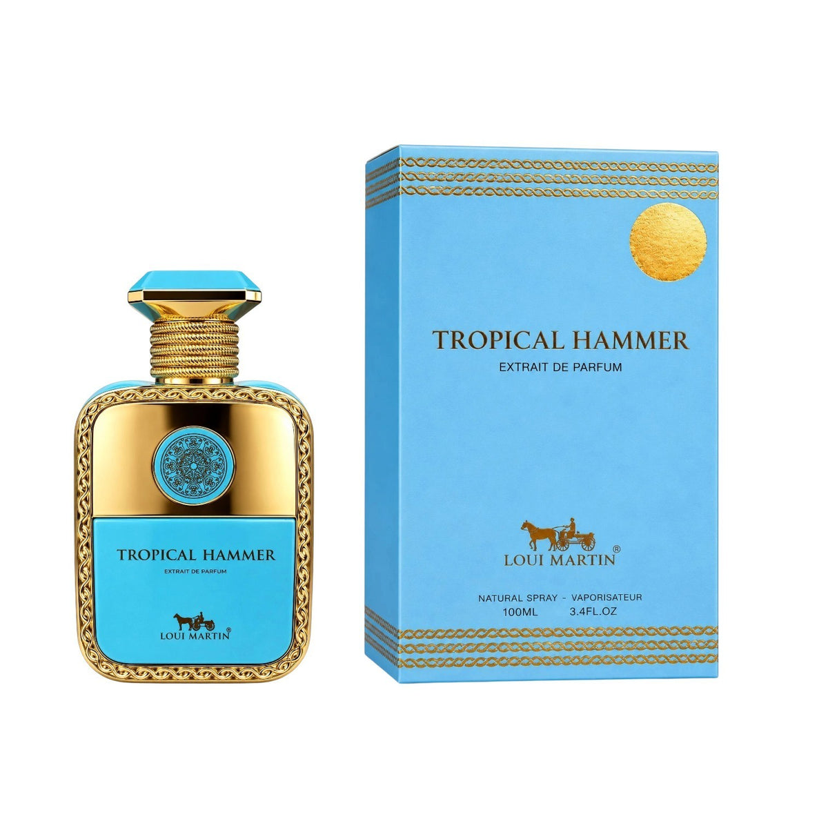 Flacon et boîte de parfum PDS SHOP Tropical Hammer par Loui Martin, design bleu turquoise et doré luxueux