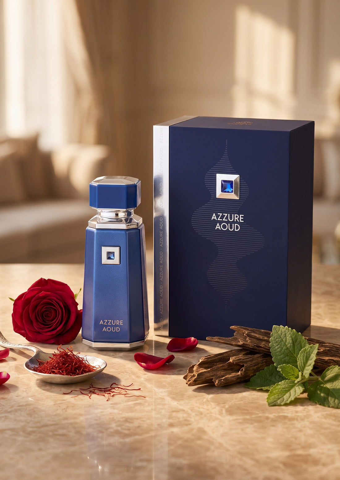 Flacon de parfum Azzure Aoud de French Avenue par PDS SHOP, bleu profond avec rose, safran et bois de oud sur table