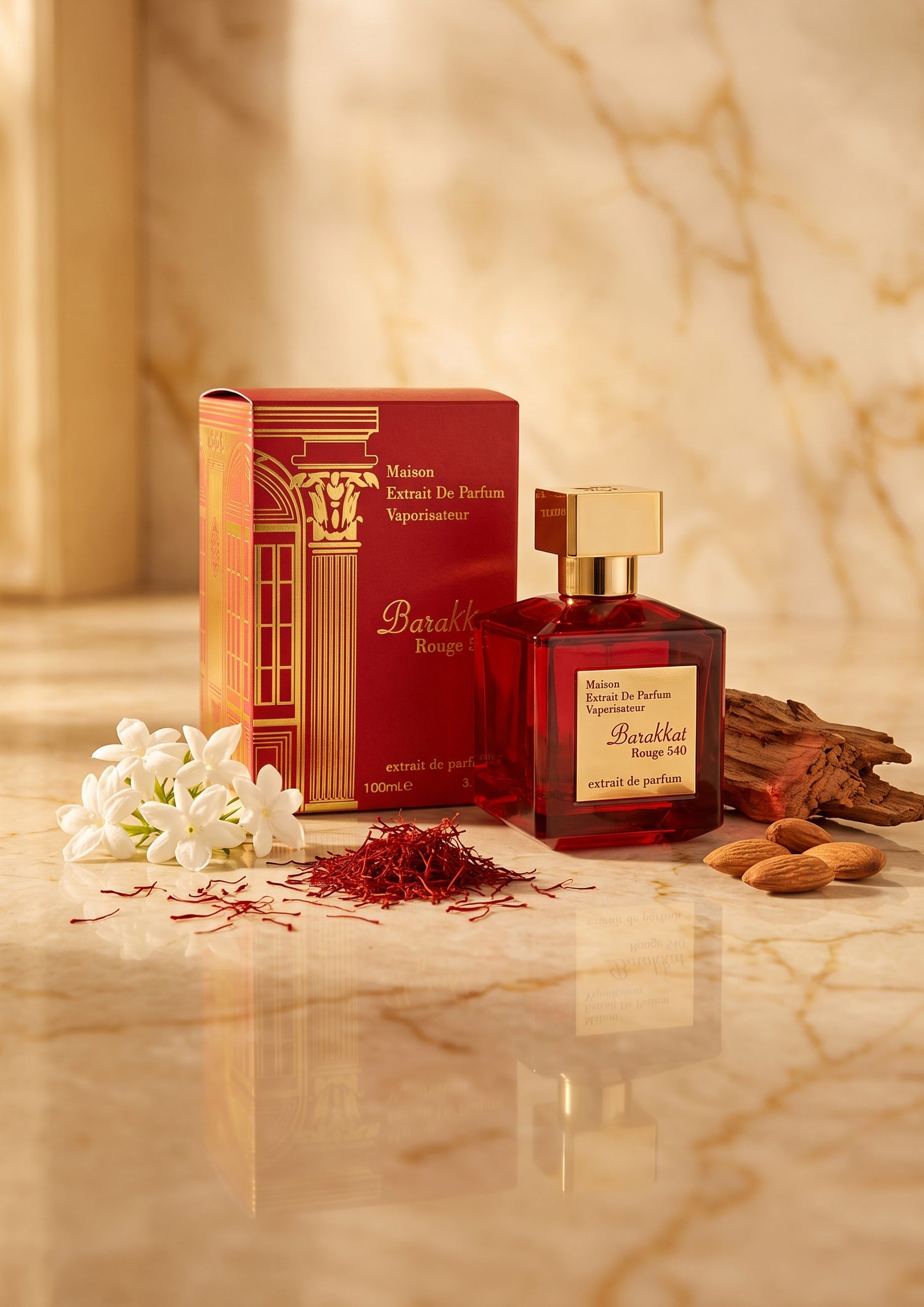 Flacon de parfum PDS SHOP Barakkat Rouge 540 rouge avec boîte assortie, safran, amandes et fleurs blanches