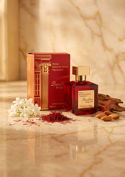 Flacon de parfum PDS SHOP Barakkat Rouge 540 rouge avec boîte assortie, safran, amandes et fleurs blanches