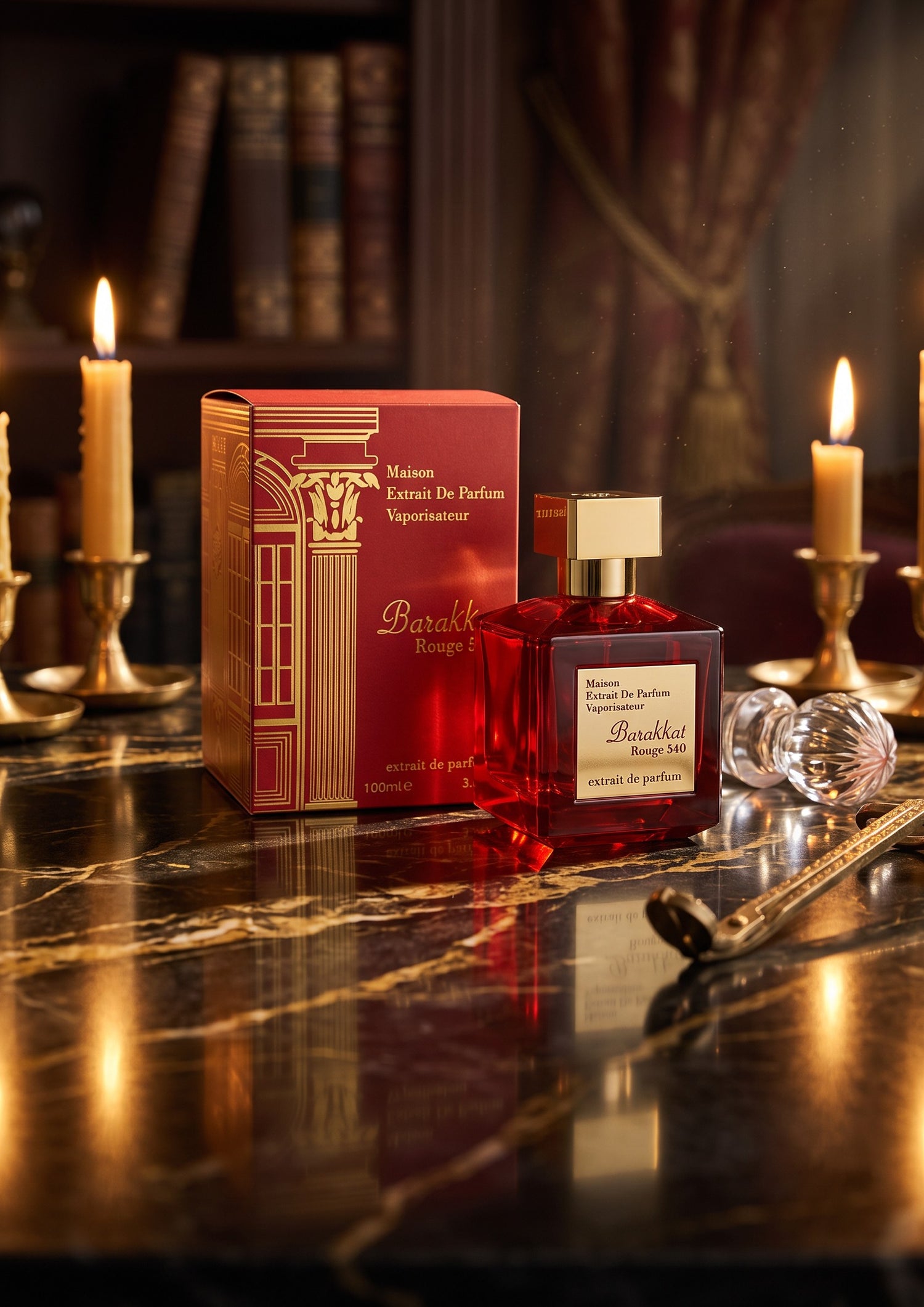 Extrait de Parfum Barakkat Rouge 540 de PDS SHOP dans son flacon rouge luxueux avec boîte sur une table en marbre