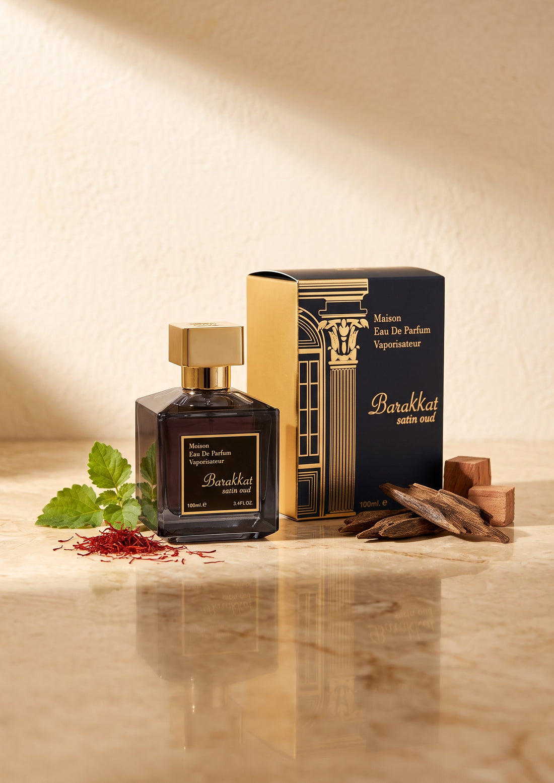 Flacon de parfum PDS SHOP Barakkat Satin Oud avec boîte dorée, copeaux de bois d&