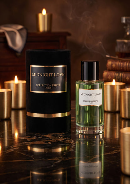 Flacon de parfum Midnight Love PDS SHOP avec son étui en velours noir sur une table en marbre entouré de bougies