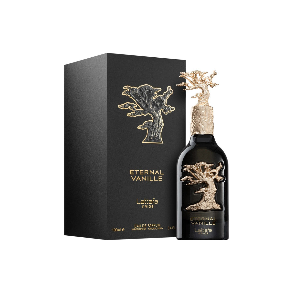 Flacon de parfum PDS SHOP Lattafa Eternal Vanille noir avec bouchon doré en forme d&