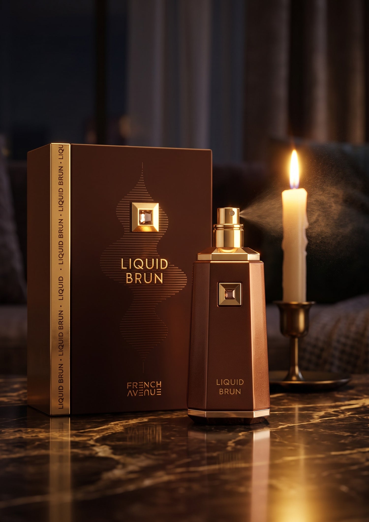 Flacon de parfum PDS SHOP Liquid Brun avec son coffret marron et doré, vaporisation élégante près d&