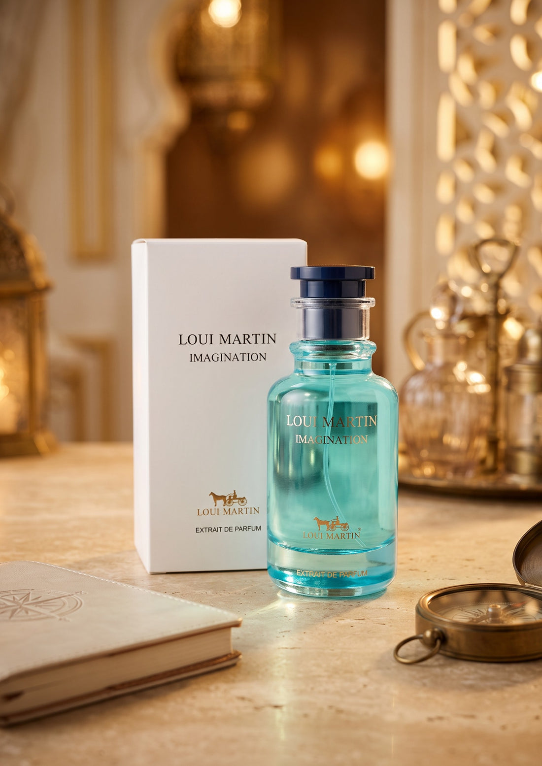 Flacon de parfum PDS SHOP Loui Martin Imagination 100ml en verre bleu turquoise avec sa boîte blanche sur une table
