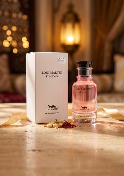 Flacon de parfum rose Loui Martin Symfony 100ml avec boîte blanche, fleurs de jasmin et safran sur table en pierre