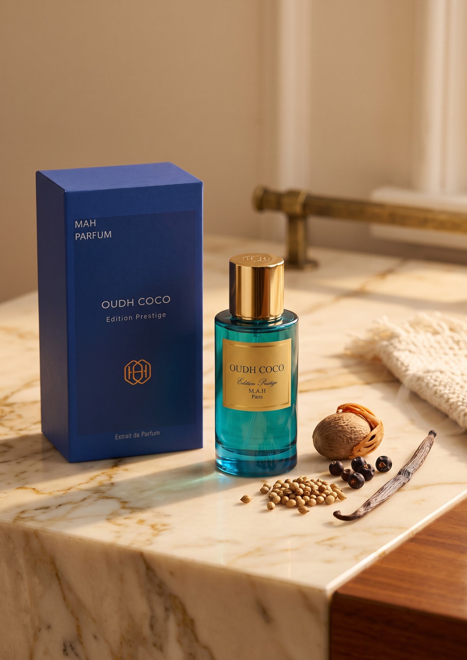 Flacon de parfum PDS SHOP Oudh Coco bleu avec boîte bleue sur un comptoir en marbre entouré d&