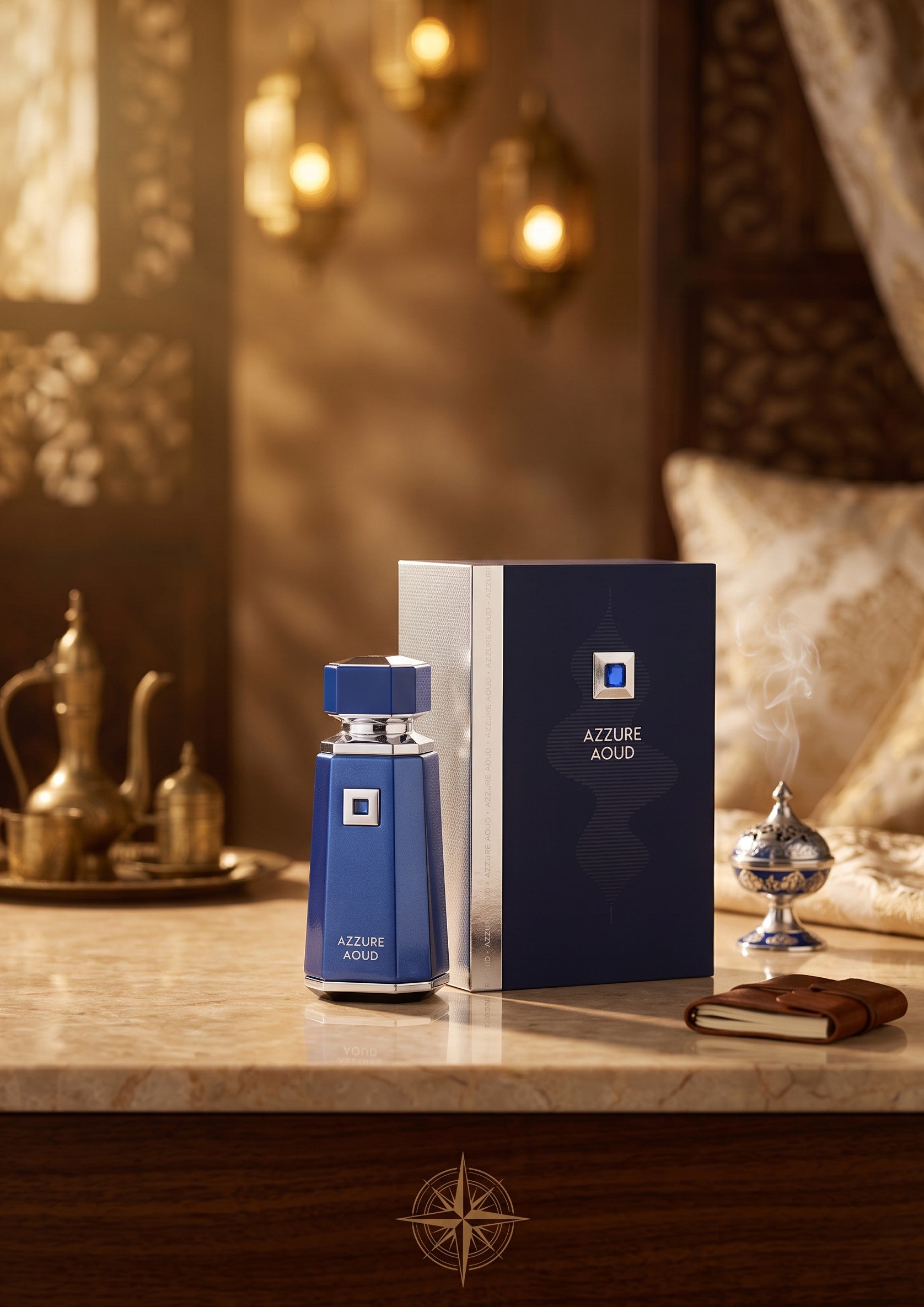 Flacon de parfum bleu Azzure Aoud de French Avenue avec sa boîte sur une table dans une ambiance orientale luxueuse