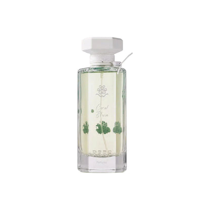 Flacon de parfum PDS SHOP Coral Bloom 100ml en verre transparent avec bouchon blanc et motifs de coraux verts