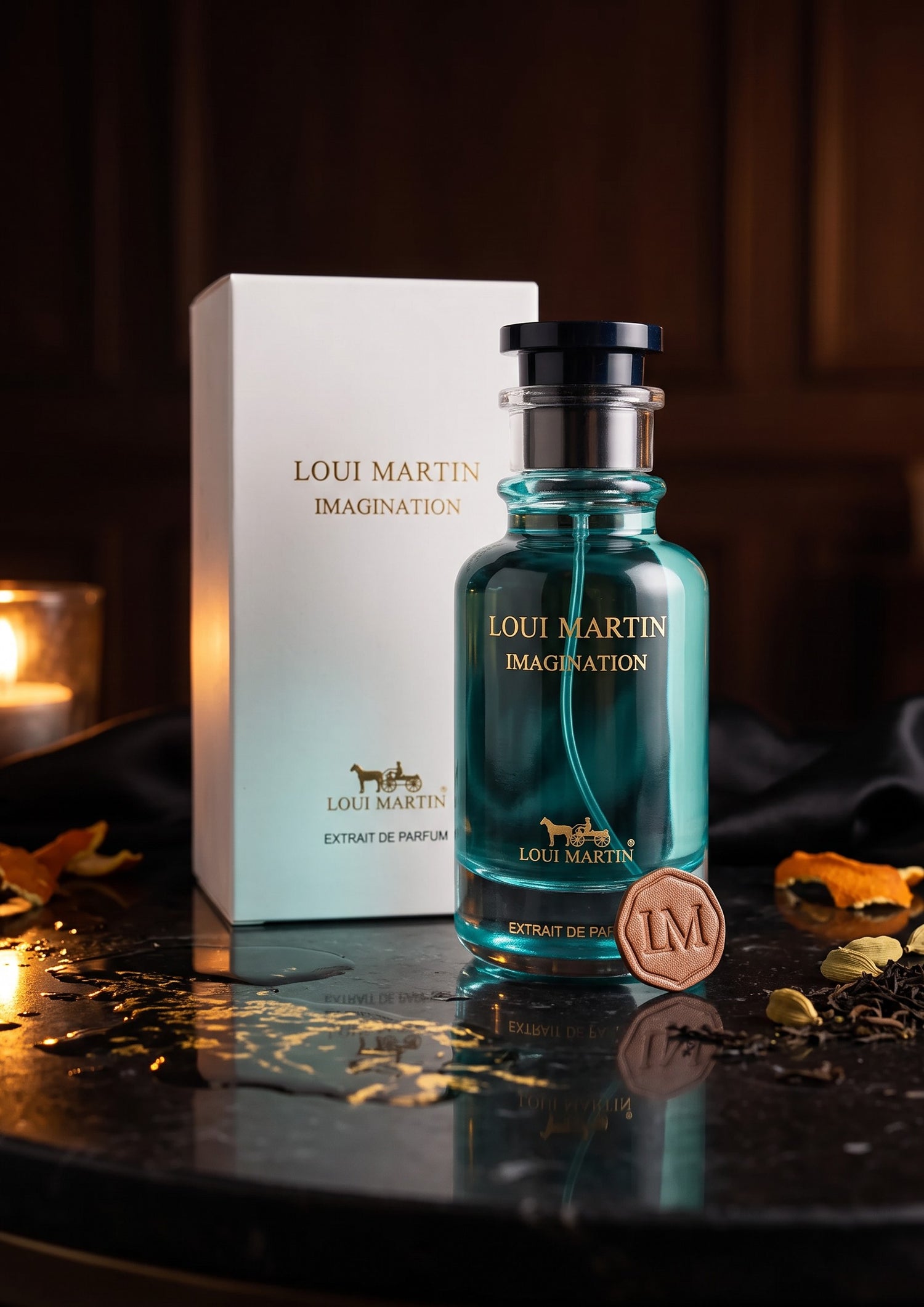 Flacon de parfum PDS SHOP Loui Martin Imagination 100ml avec boîte blanche sur table en marbre sombre