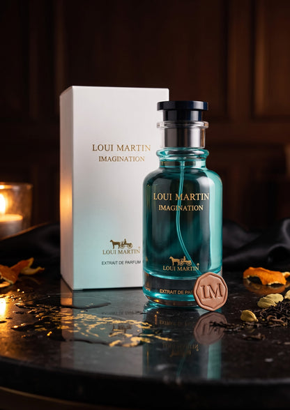 Flacon de parfum PDS SHOP Loui Martin Imagination 100ml avec boîte blanche sur table en marbre sombre