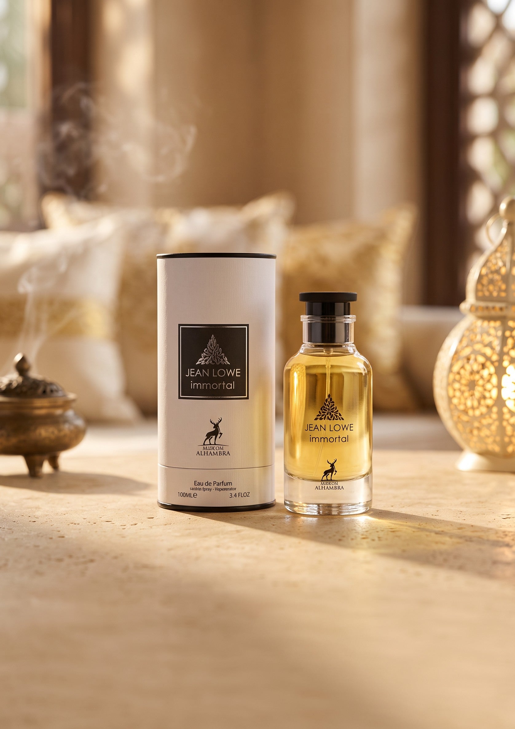 Flacon et coffret de parfum PDS SHOP Jean Lowe Immortel Maison Alhambra sur une table avec encensoir oriental