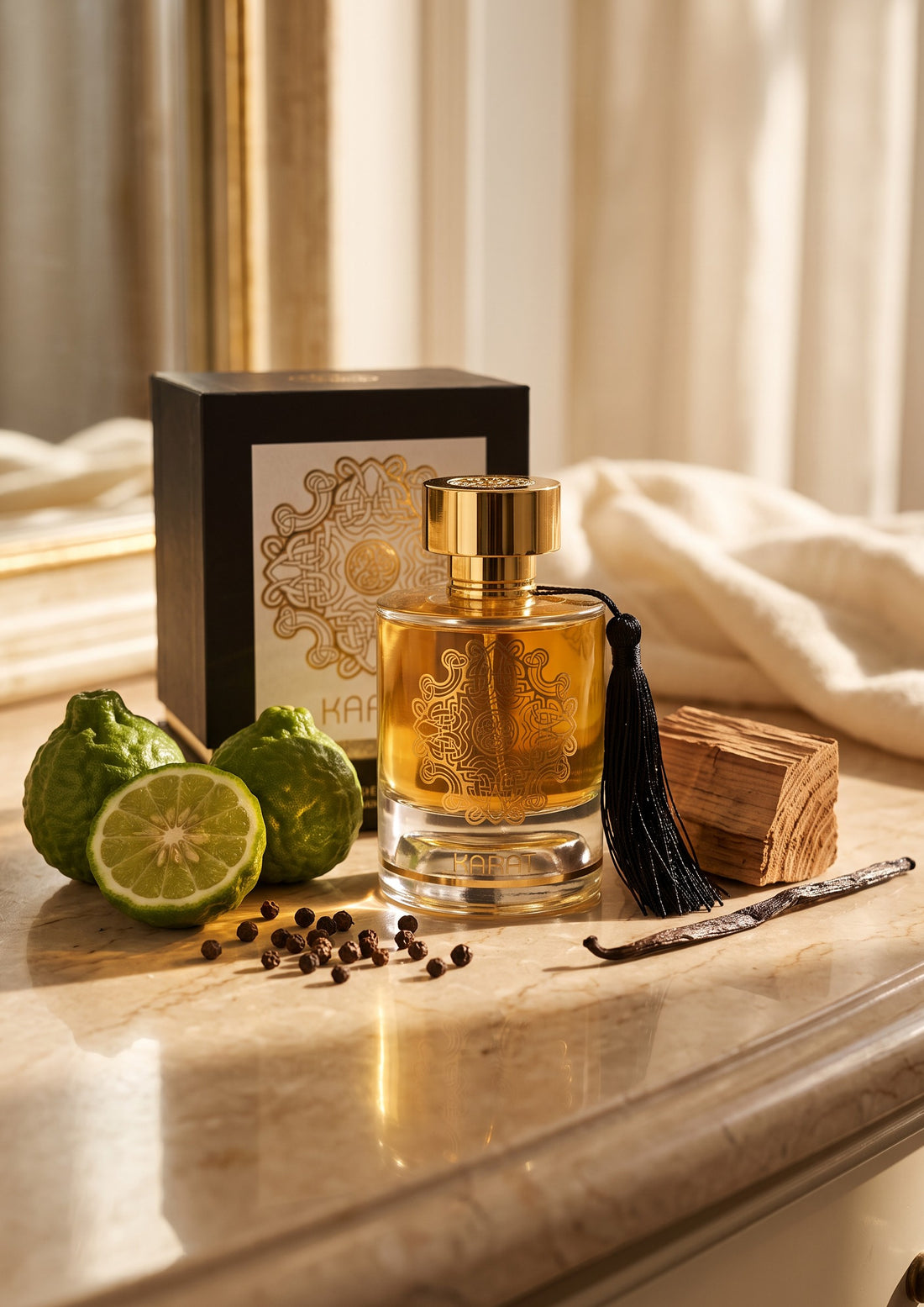 Flacon de parfum Karat de Maison Alhambra par PDS SHOP avec bergamotes, grains de poivre et bois sur une table