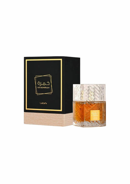 Flacon de parfum PDS SHOP Khamrah de Lattafa avec son coffret noir et doré, design luxueux et ambré de 100ml