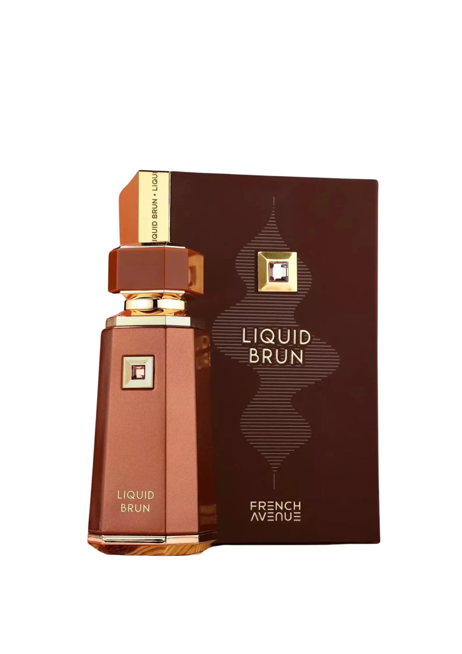 Flacon de parfum PDS SHOP Liquid Brun marron avec bouchon hexagonal et coffret assorti sur fond blanc