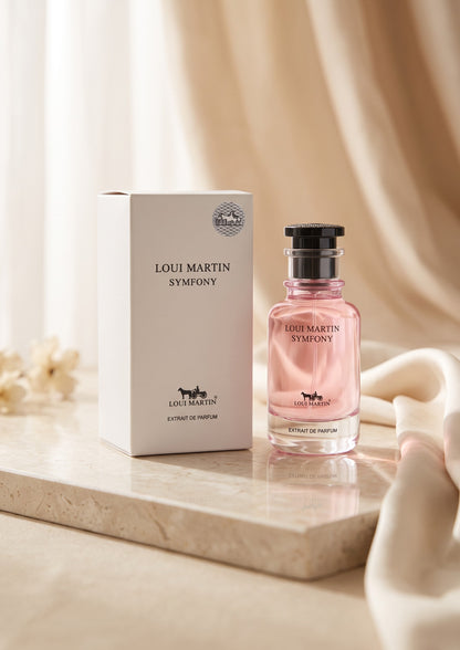 Flacon de parfum PDS SHOP Loui Martin Symfony rose avec boîte blanche sur un socle en marbre élégant