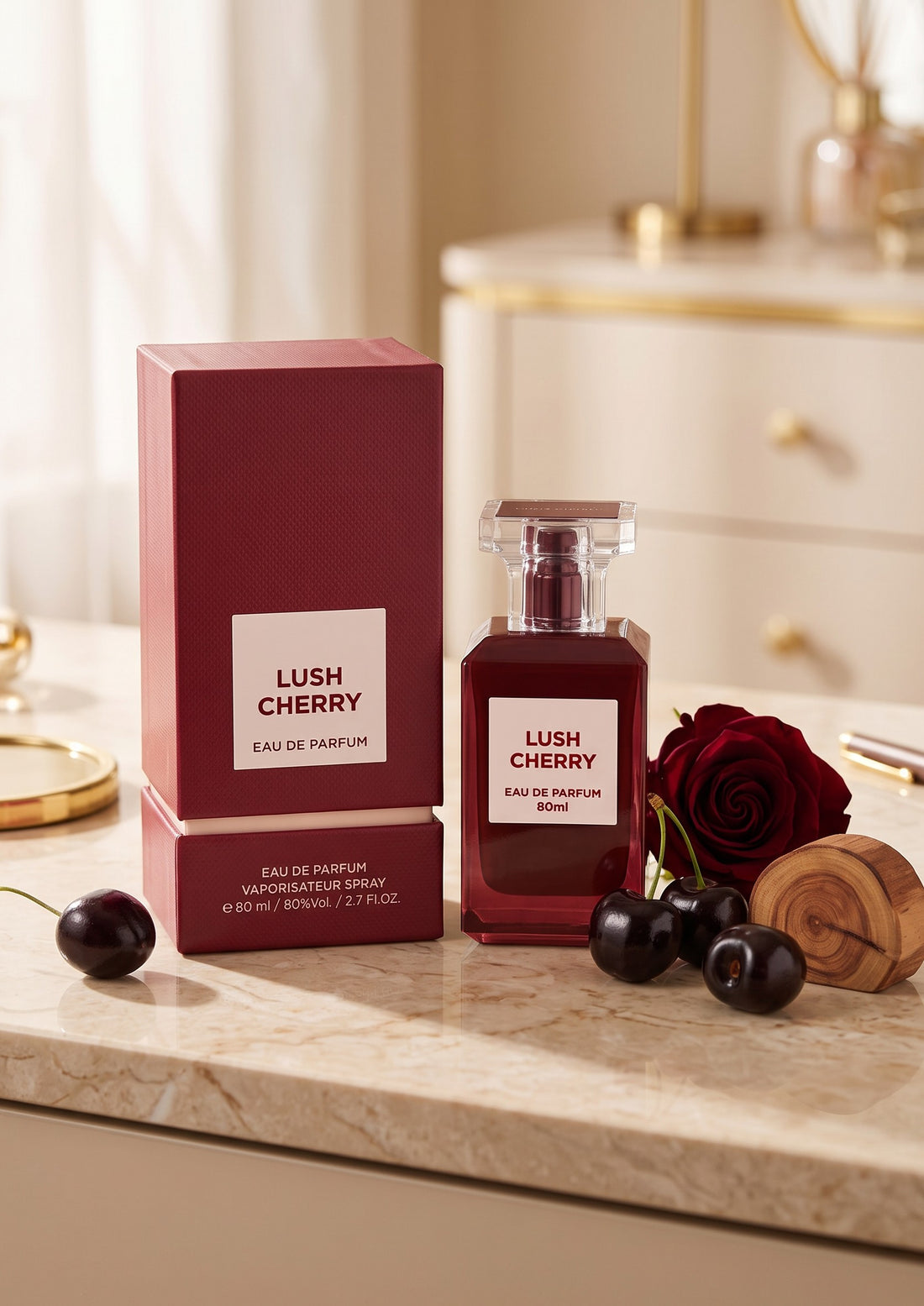 Flacon de parfum Lush Cherry PDS SHOP avec boîte rouge, cerises fraîches et rose sur une table en marbre élégante
