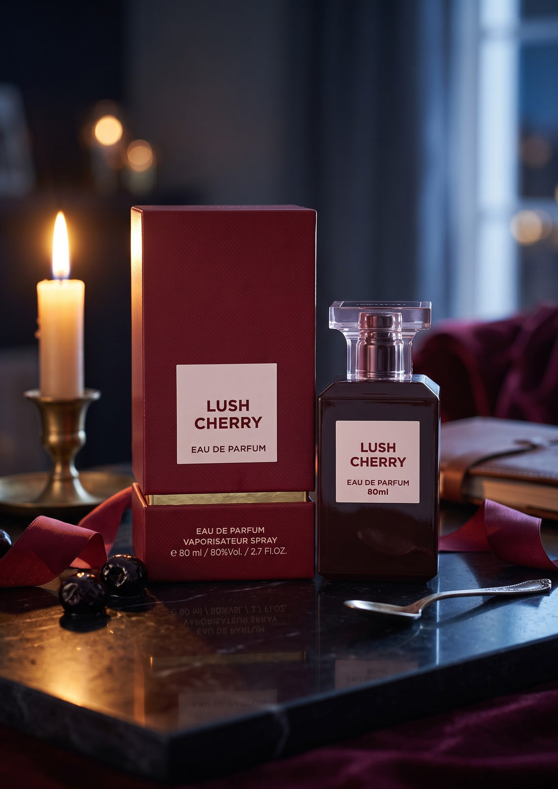 Flacon et boîte de parfum PDS SHOP Lush Cherry rouge foncé sur une table en marbre avec une bougie allumée