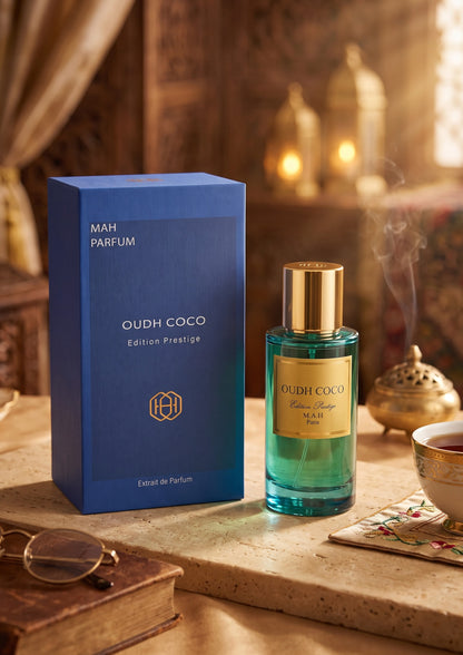 Flacon de parfum PDS SHOP Oudh Coco en verre vert avec bouchon doré, posé à côté de sa boîte bleue sur une table