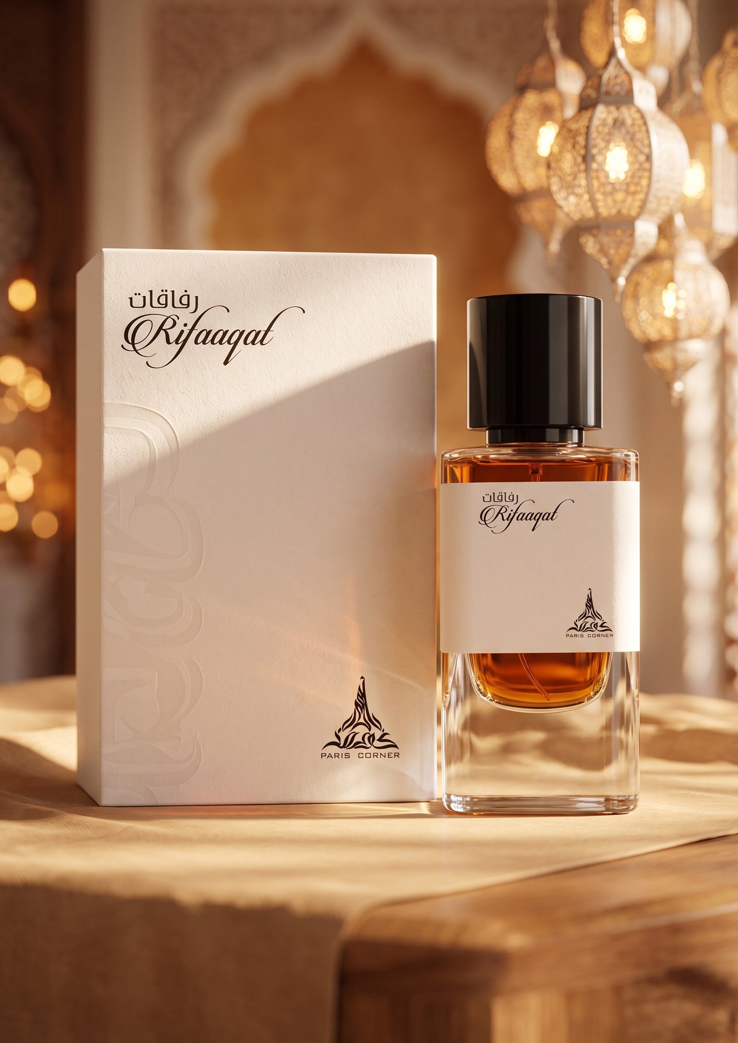 Flacon de parfum PDS SHOP Rifaaqat de Paris Corner avec son coffret blanc élégant dans une ambiance orientale dorée
