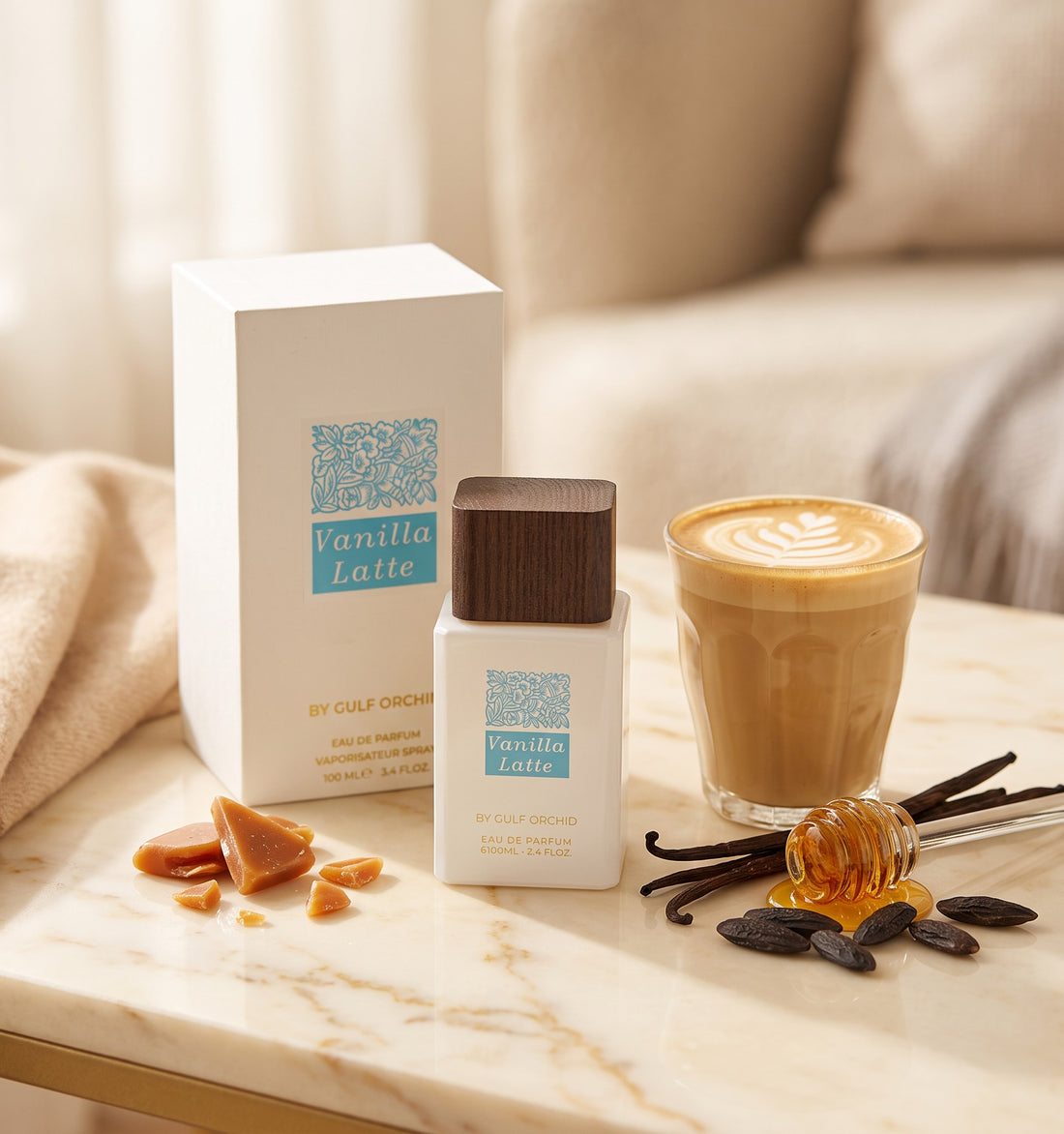 Flacon de parfum Vanilla Latte PDS SHOP avec sa boîte, accompagné d&