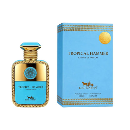 Flacon et boîte de parfum PDS SHOP Tropical Hammer par Loui Martin, design bleu turquoise et doré luxueux