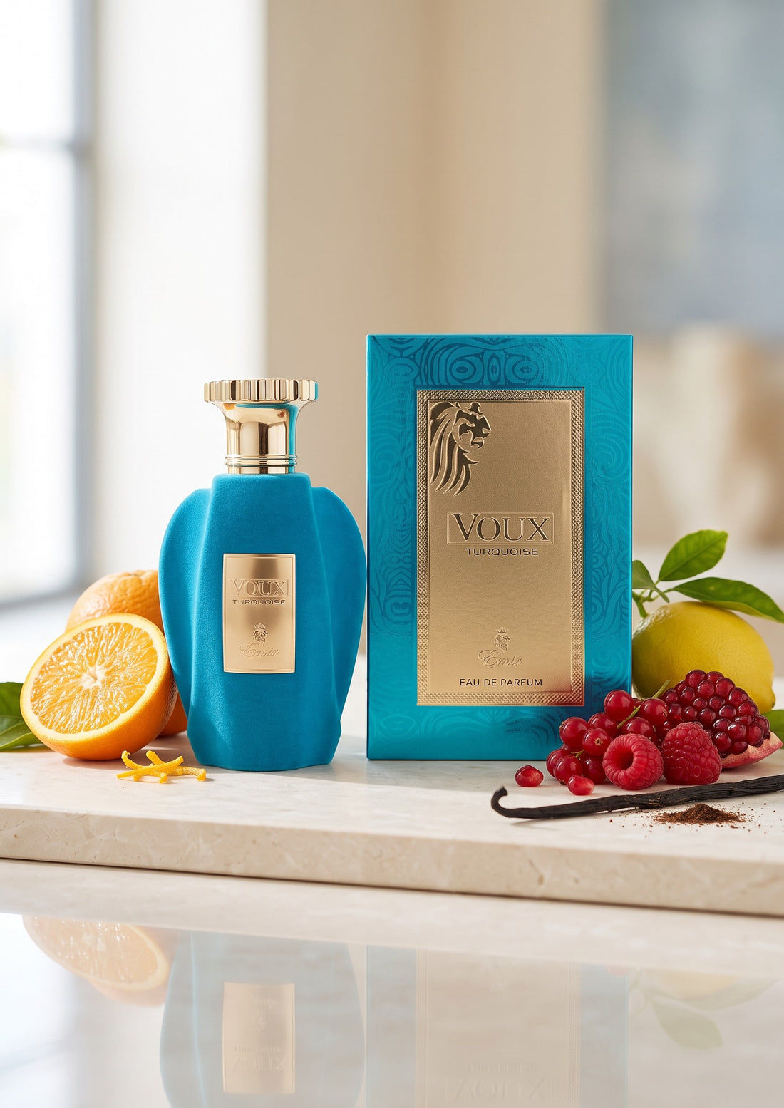 Flacon et coffret PDS SHOP Voux Turquoise Emir entourés d&