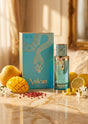 Eau de parfum unisexe PDS SHOP Vulcan Feu dans son flacon bleu orné d'un serpent doré, entouré de mangues et citrons.